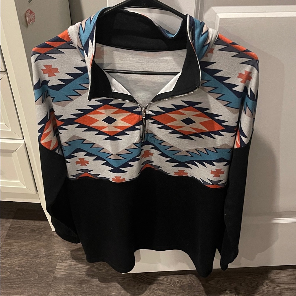 Half-Zip Geometric Print Pullover - Black With Bl… - image 1
